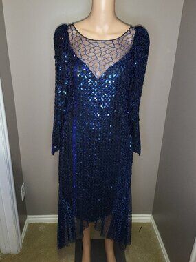 New Leaf California by Samir Vintage Blue Sequin Mesh High Low Dress